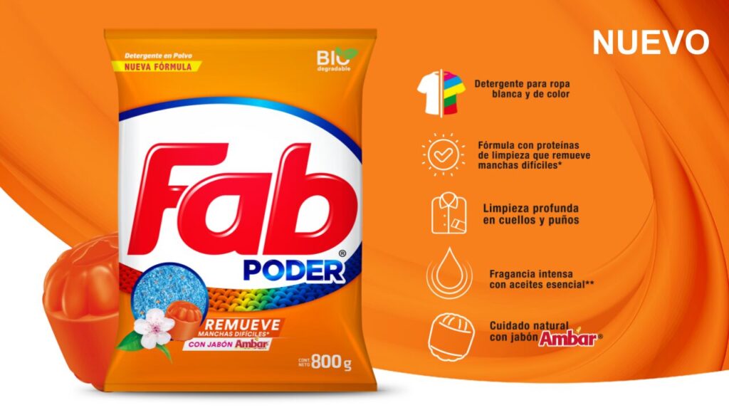 Empaque del detergente Fab Poder que muestra características como nueva fórmula, limpieza profunda, fragancia con aceites esenciales y protección con jabón Ambar. Diseño brillante y colorido con beneficios del producto.