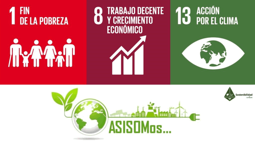 Infografía que muestra los objetivos de la ONU: 1) Fin de la pobreza, 8) Trabajo decente y crecimiento económico, 13) Acción por el clima, con el texto "ASISOMos..." debajo e íconos que representan cada objetivo.