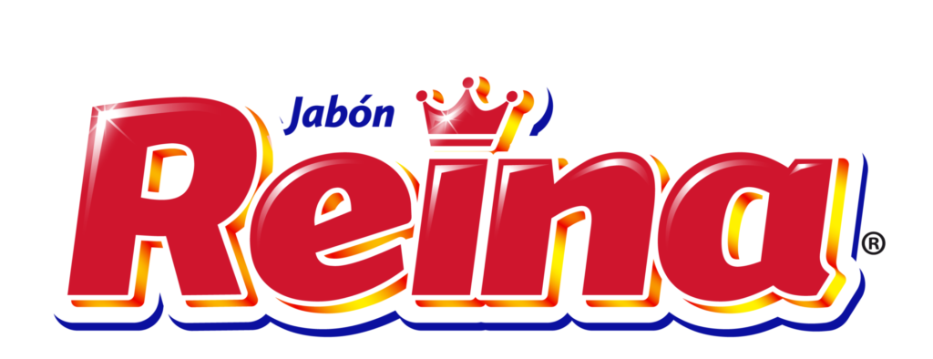 Logotipo de Jabón Reina con la palabra Reina en letras rojas y negritas delineadas en blanco y amarillo. Sobre la letra i se integra un icono de corona.