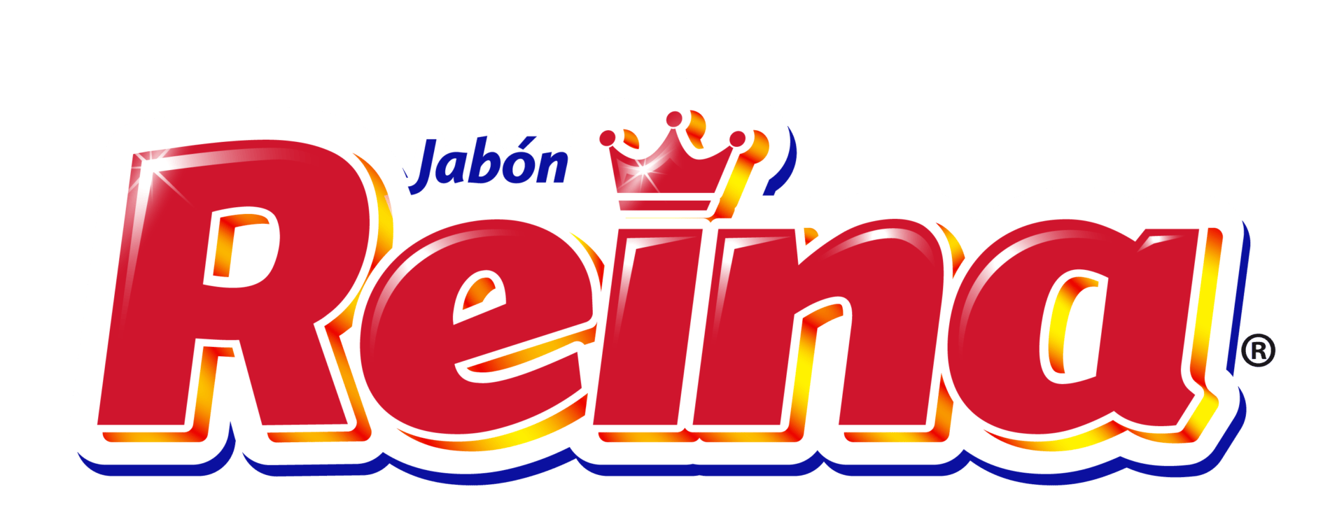 Logotipo de Jabón Reina con la palabra Reina en letras rojas y negritas delineadas en blanco y amarillo. Sobre la letra i se integra un icono de corona.