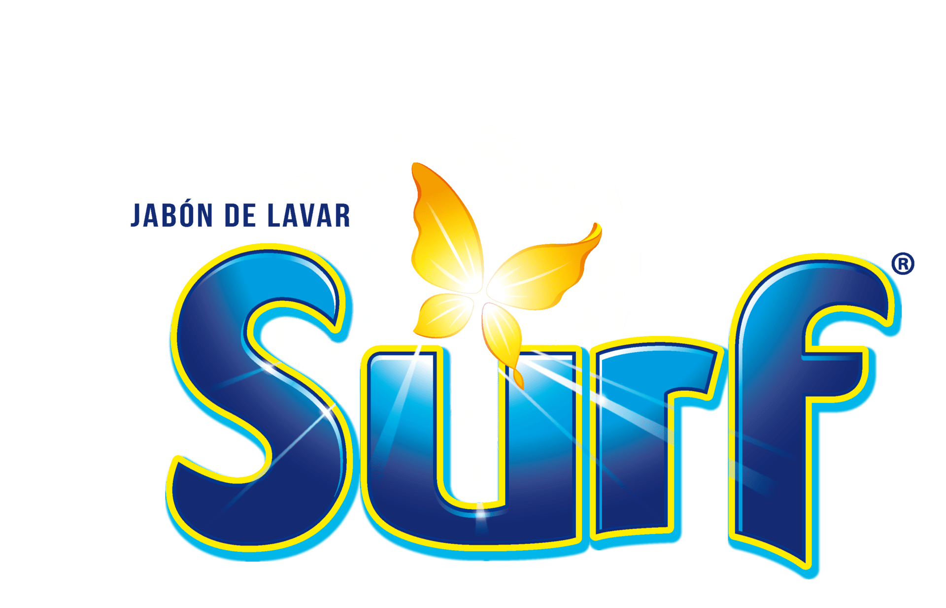 Logotipo con la palabra "Surf" en letras azules y negritas, con una mariposa amarilla y un fondo blanco con rayos de sol. El texto que aparece encima dice "Jabón de Lavar".