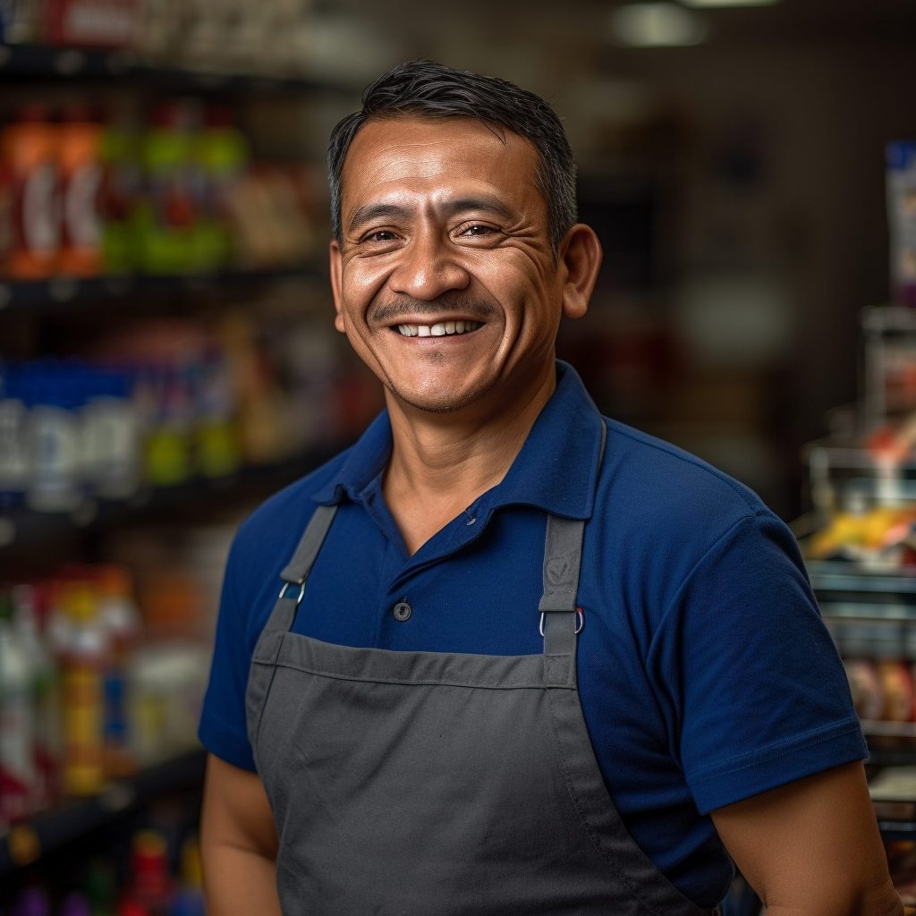 Un hombre con camisa azul y delantal gris sonríe en el pasillo de una tienda, con estanterías de diversos productos al fondo. Su actitud acogedora es el complemento perfecto para la vibrante escena, creando un elemento de calidez y amabilidad en el bullicioso entorno comercial.