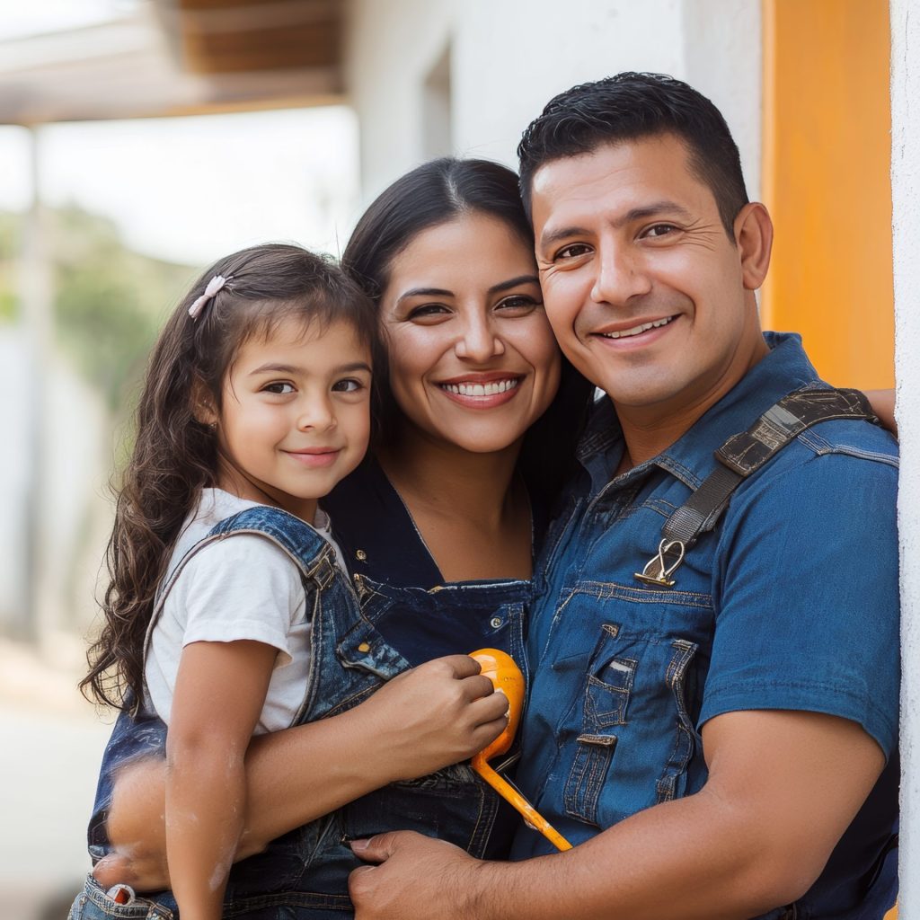 Una familia sonriente se encuentra reunida afuera, con un mono de mezclilla a juego. La niña sostiene una herramienta amarilla como una experta constructora, lista para crear un nuevo cabezal para su proyecto de jardinería.