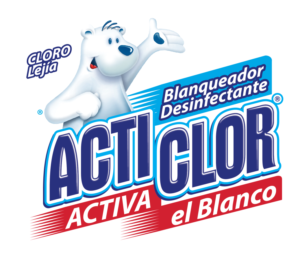 Mascota de oso polar de dibujos animados blanco con un gesto de pulgar hacia arriba junto al texto "Cloro Lejía Acticlor Activa el Blanco Blanqueador Desinfectante" sobre un fondo blanco.