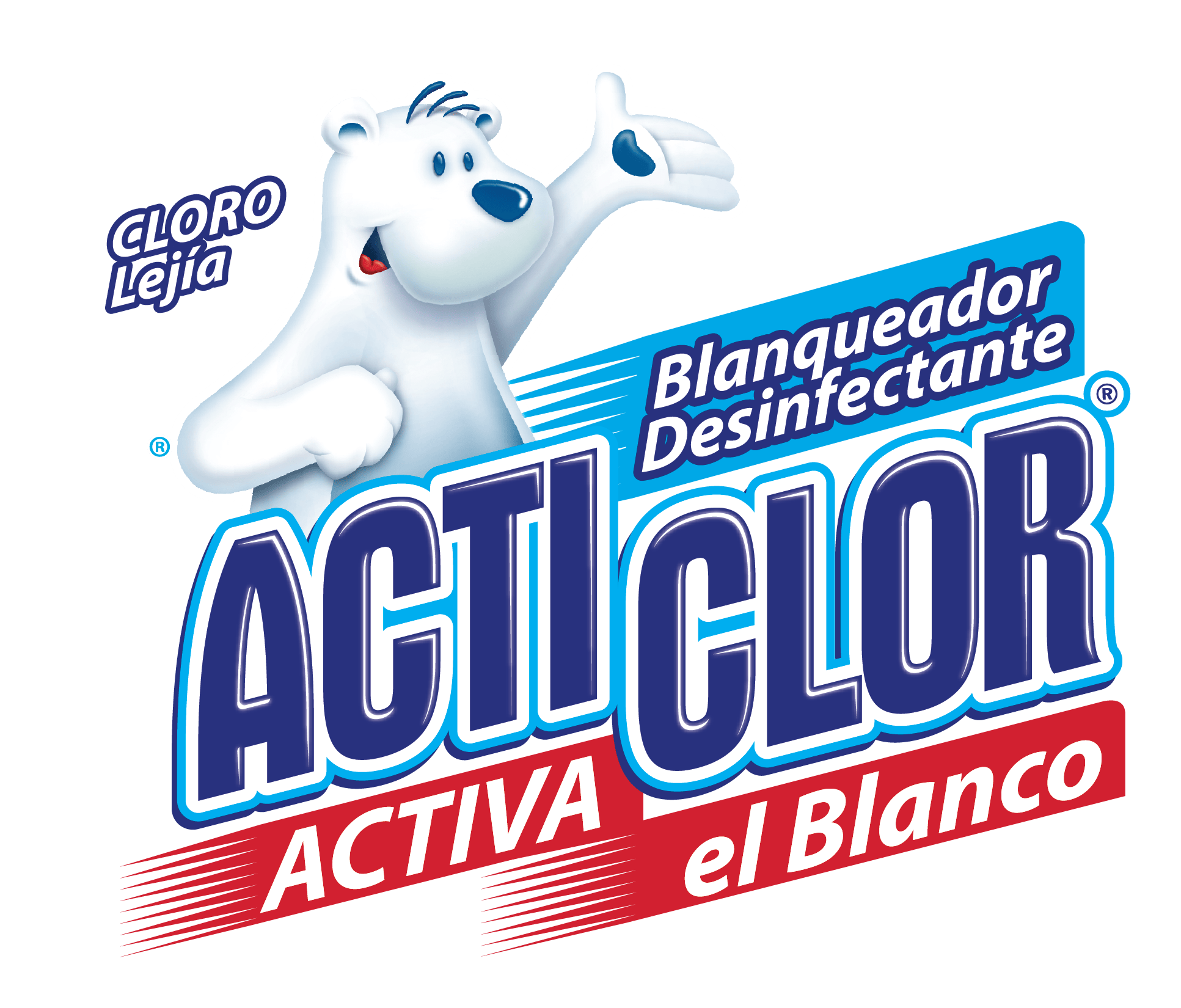 Mascota de oso polar de dibujos animados blanco con un gesto de pulgar hacia arriba junto al texto "Cloro Lejía Acticlor Activa el Blanco Blanqueador Desinfectante" sobre un fondo blanco.
