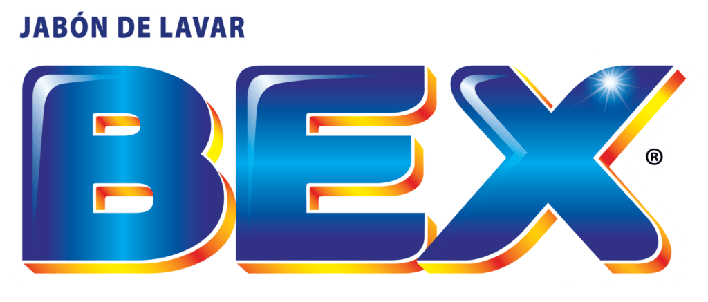 Logotipo de texto para “Jabón de Lavar BEX” en letras azules en negrita con contorno rojo y amarillo.