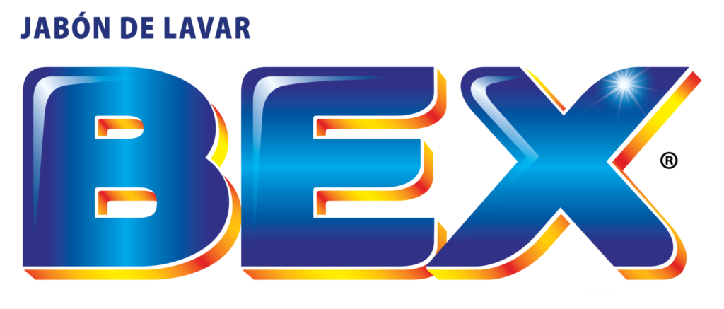 Logotipo de texto para “Jabón de Lavar BEX” en letras azules en negrita con contorno rojo y amarillo.