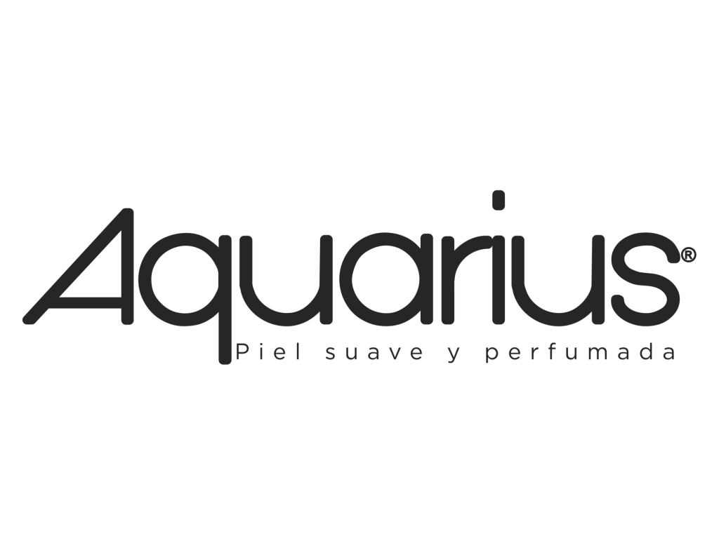 El texto negro sobre fondo blanco dice "Aquarius" con el lema "Piel suave y perfumada".