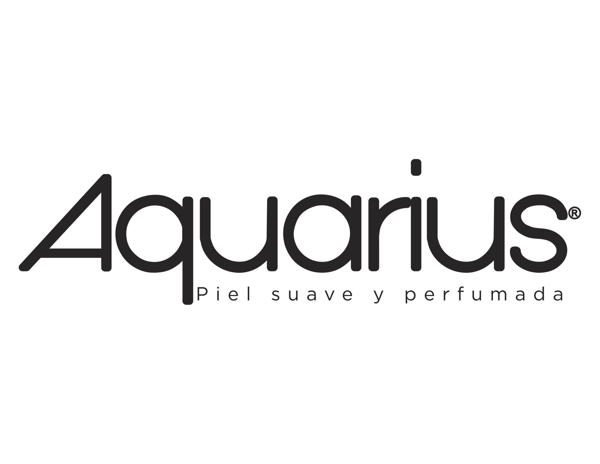 El texto negro sobre fondo blanco dice "Aquarius" con el lema "Piel suave y perfumada".
