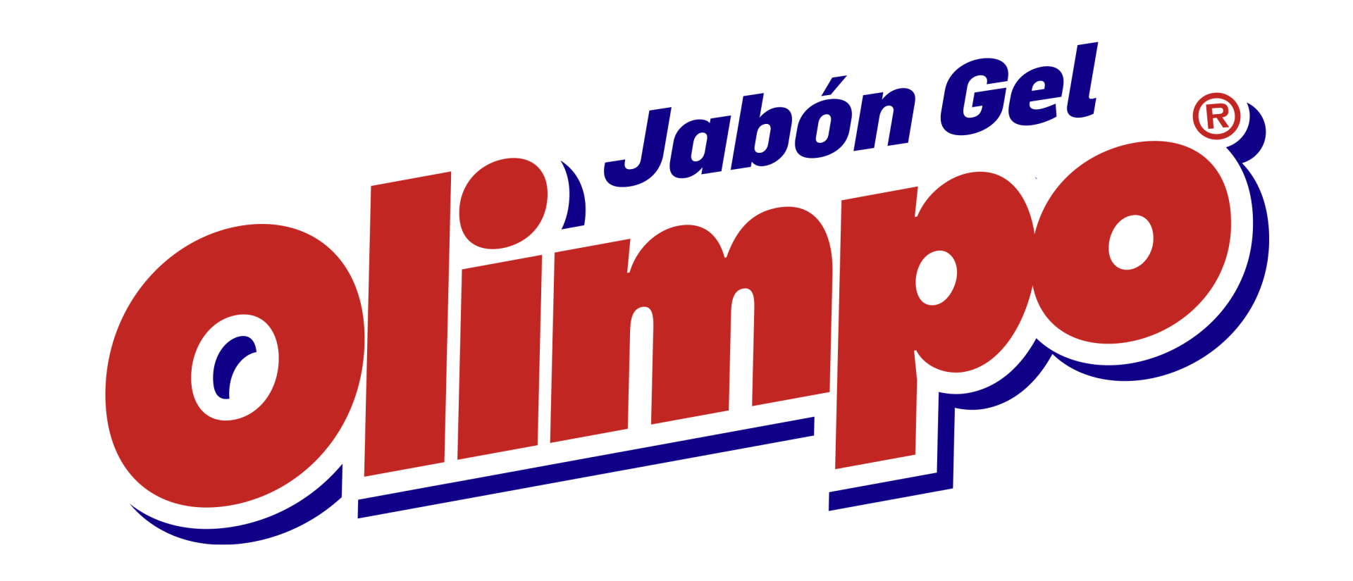 Logotipo de "Jabón Gel Olimpo" con letras en negrita en rojo y blanco sobre un fondo sombreado en azul.