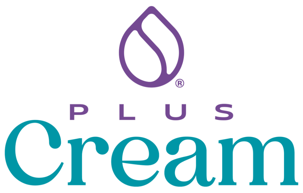 Logotipo con una gota estilizada sobre las palabras "Plus Cream" en texto violeta y verde azulado.