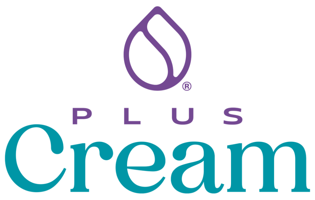 Logotipo con una gota estilizada sobre las palabras "Plus Cream" en texto violeta y verde azulado.