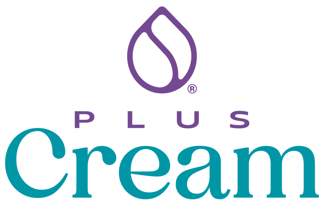 Logotipo con una gota estilizada sobre las palabras "Plus Cream" en texto violeta y verde azulado.