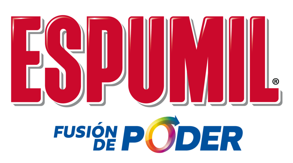 Logotipo de ESPUMIL con letras rojas en negrita sobre el lema “Fusión de Poder” en azul, presentando un diseño circular multicolor.