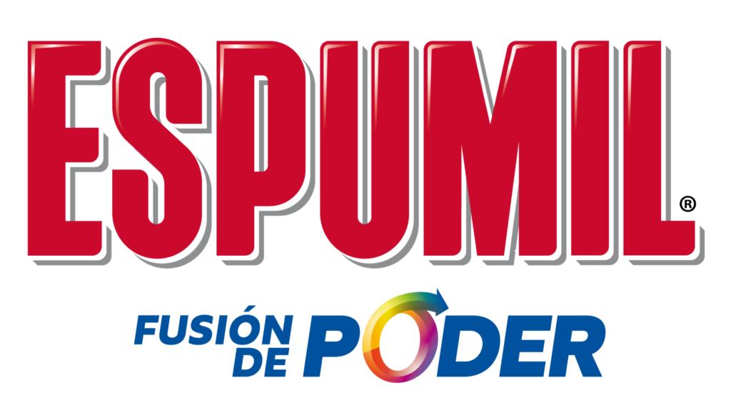 Logotipo de ESPUMIL con letras rojas en negrita sobre el lema “Fusión de Poder” en azul, presentando un diseño circular multicolor.