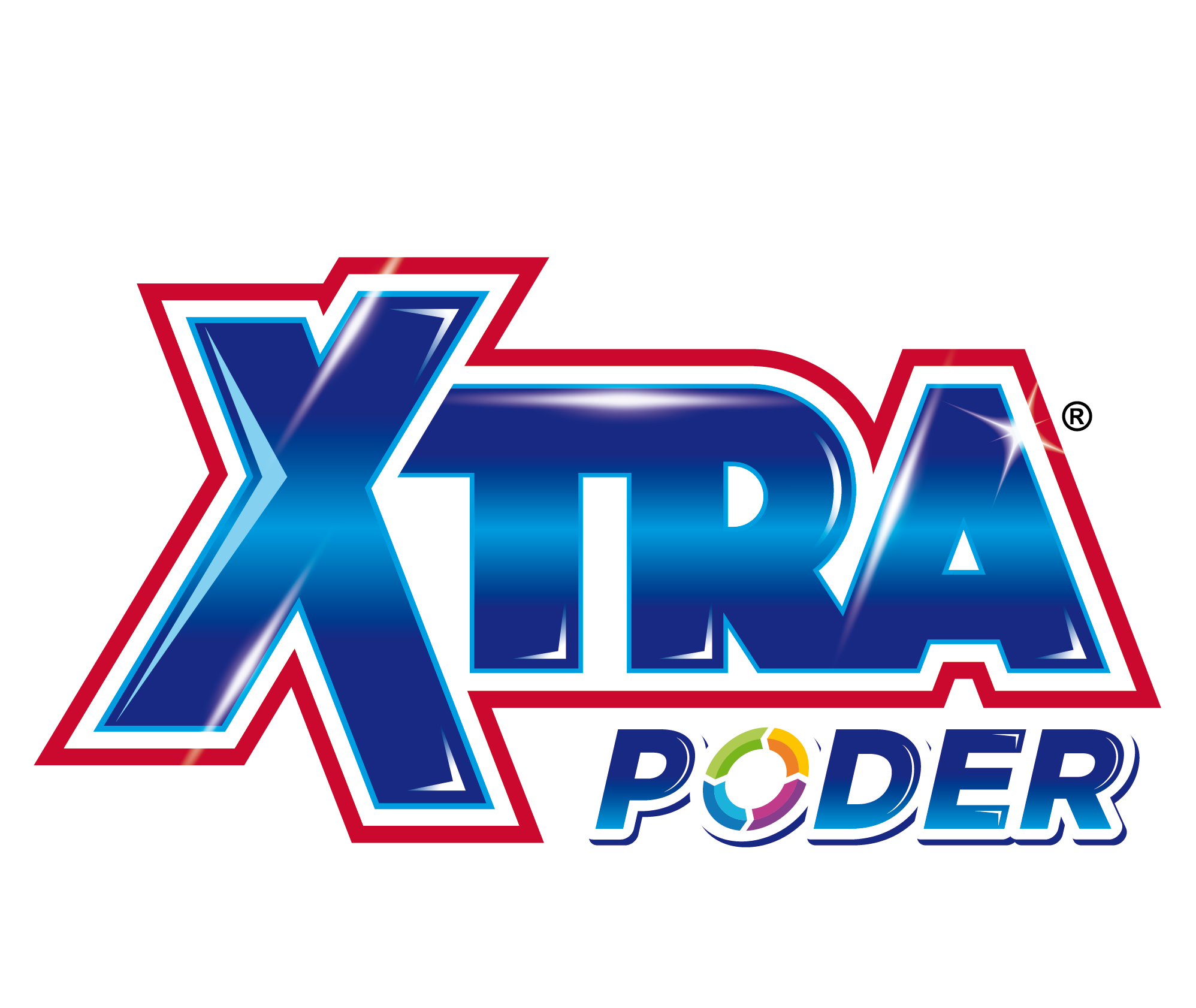 Logotipo con texto "XTRA" grande con borde azul y rosa y texto "PODER" más pequeño debajo, con un ícono circular multicolor dentro de la "O".