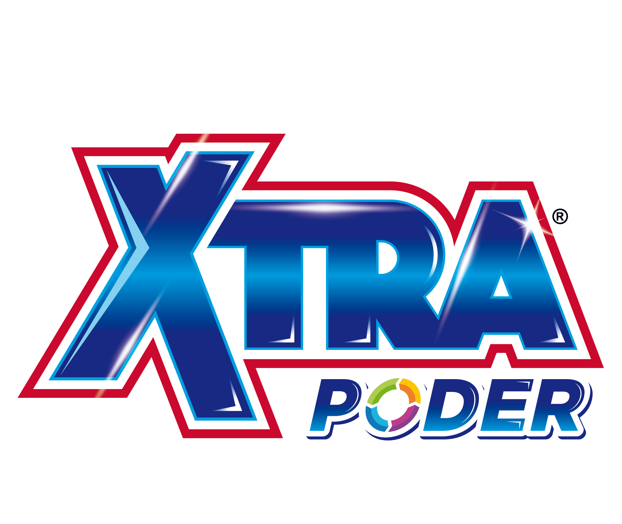 Logotipo con texto "XTRA" grande con borde azul y rosa y texto "PODER" más pequeño debajo, con un ícono circular multicolor dentro de la "O".