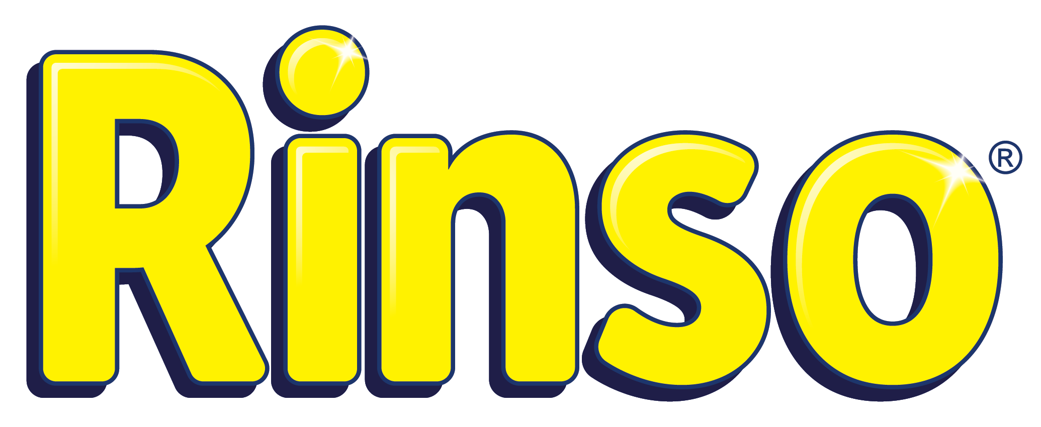 El logotipo de "Rinso" en letras amarillas llamativas con un contorno blanco y dos destellos.