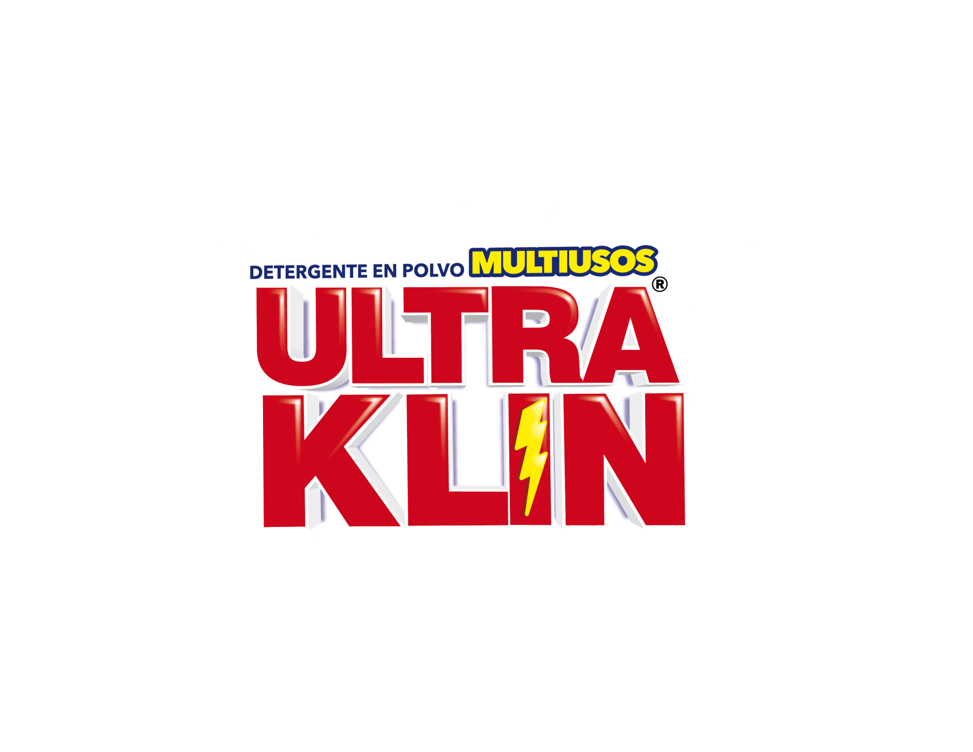Logotipo del detergente Multiuso Ultra Klin que presenta un texto rojo llamativo con un rayo sobre un fondo blanco salpicado.