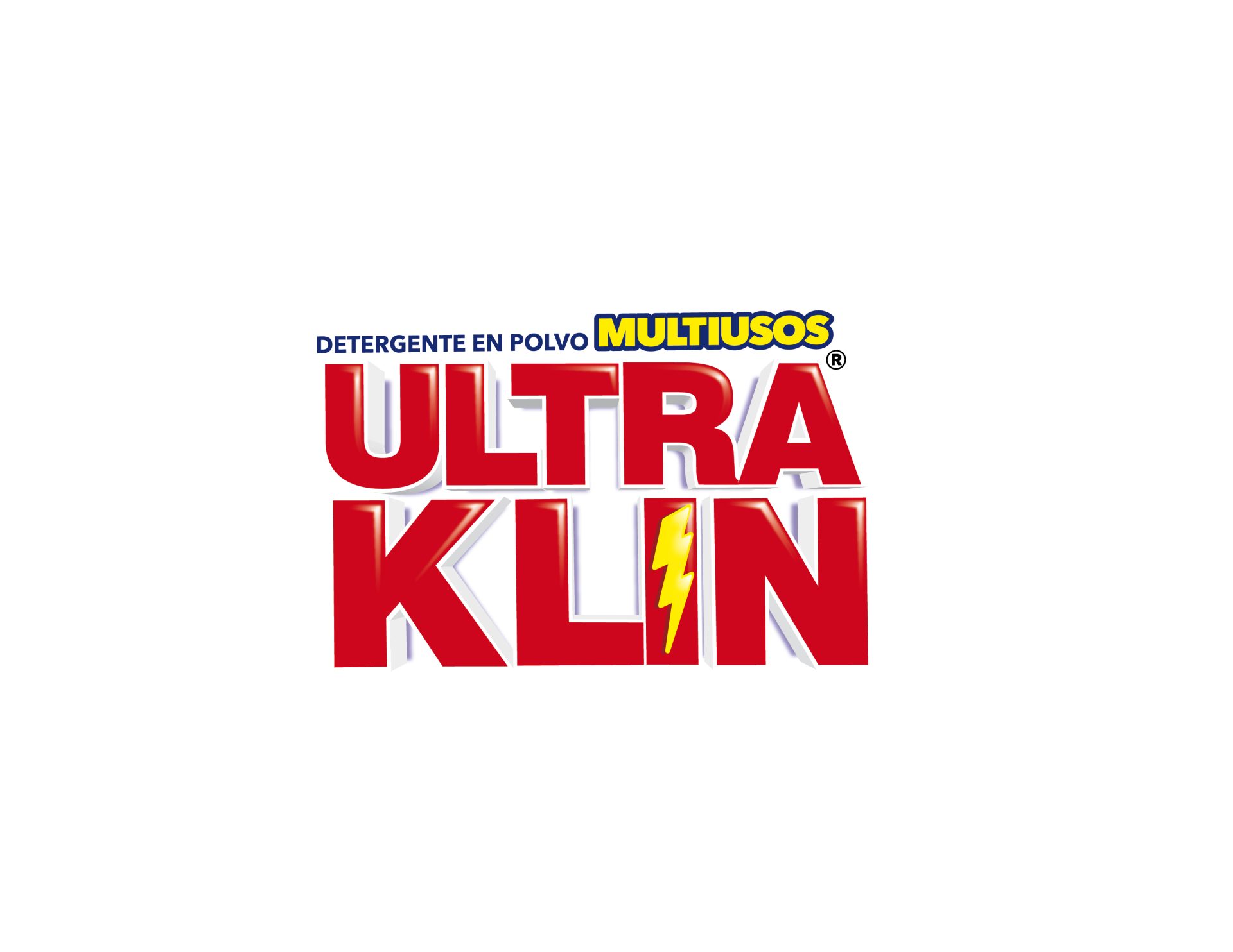 Logotipo del detergente Multiuso Ultra Klin que presenta un texto rojo llamativo con un rayo sobre un fondo blanco salpicado.
