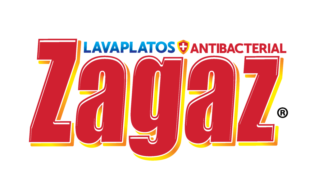 Logotipo de Zagaz Lavaplatos con letras rojas en negrita con la palabra "ANTIBACTERIAL" y un símbolo más encima.
