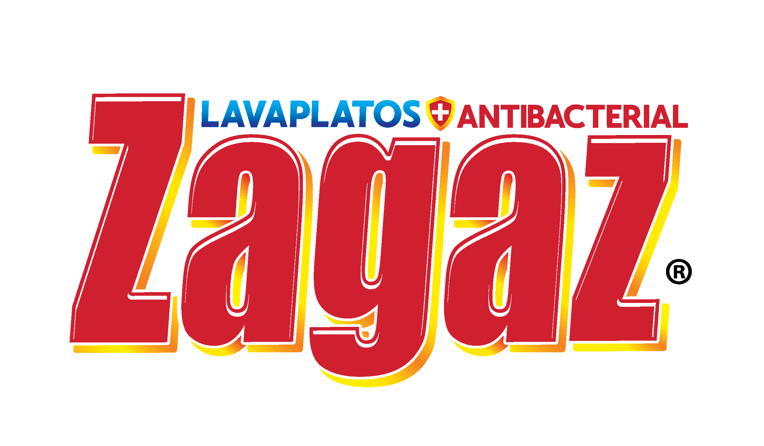 Logotipo de Zagaz Lavaplatos con letras rojas en negrita con la palabra "ANTIBACTERIAL" y un símbolo más encima.