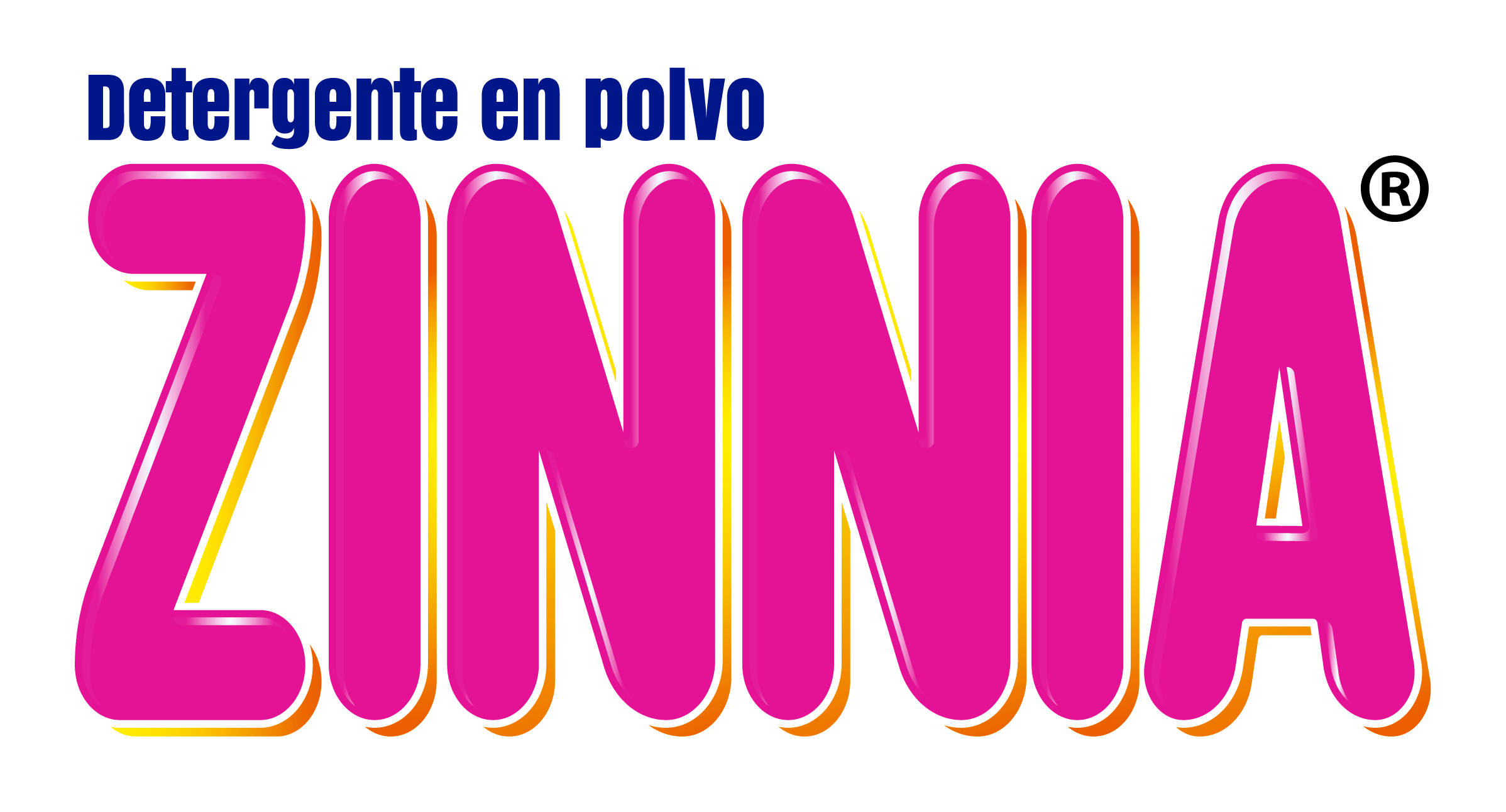 Logotipo de texto para "Detergente en polvo Zinnia" con letras rosas en negrita sobre fondo blanco.