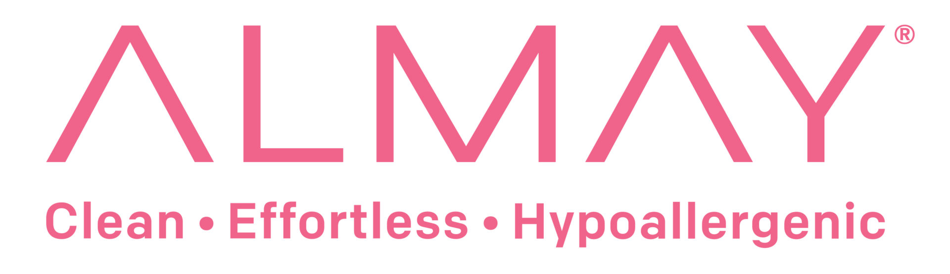 La imagen muestra el logotipo de Almay en rosa, con las palabras "Limpio • Sin esfuerzo • Hipoalergénico" debajo.