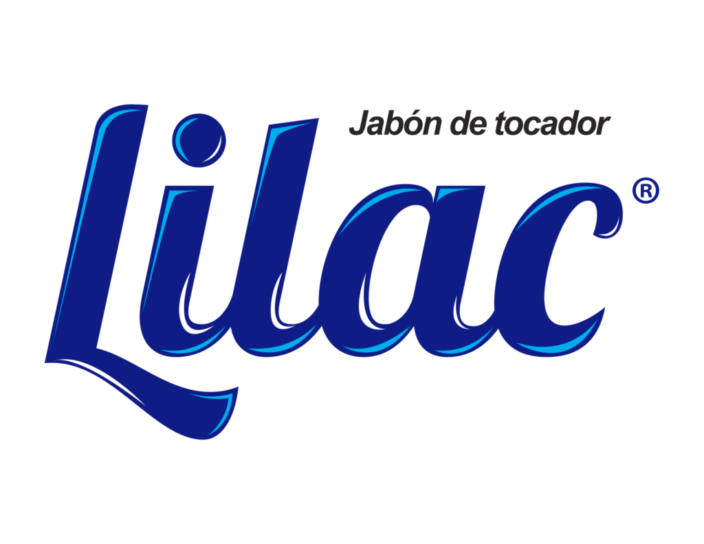 Logotipo con la palabra “Lilac” en fuente estilizada de color azul, y “Jabón de tocador” en fuente negra más pequeña encima.