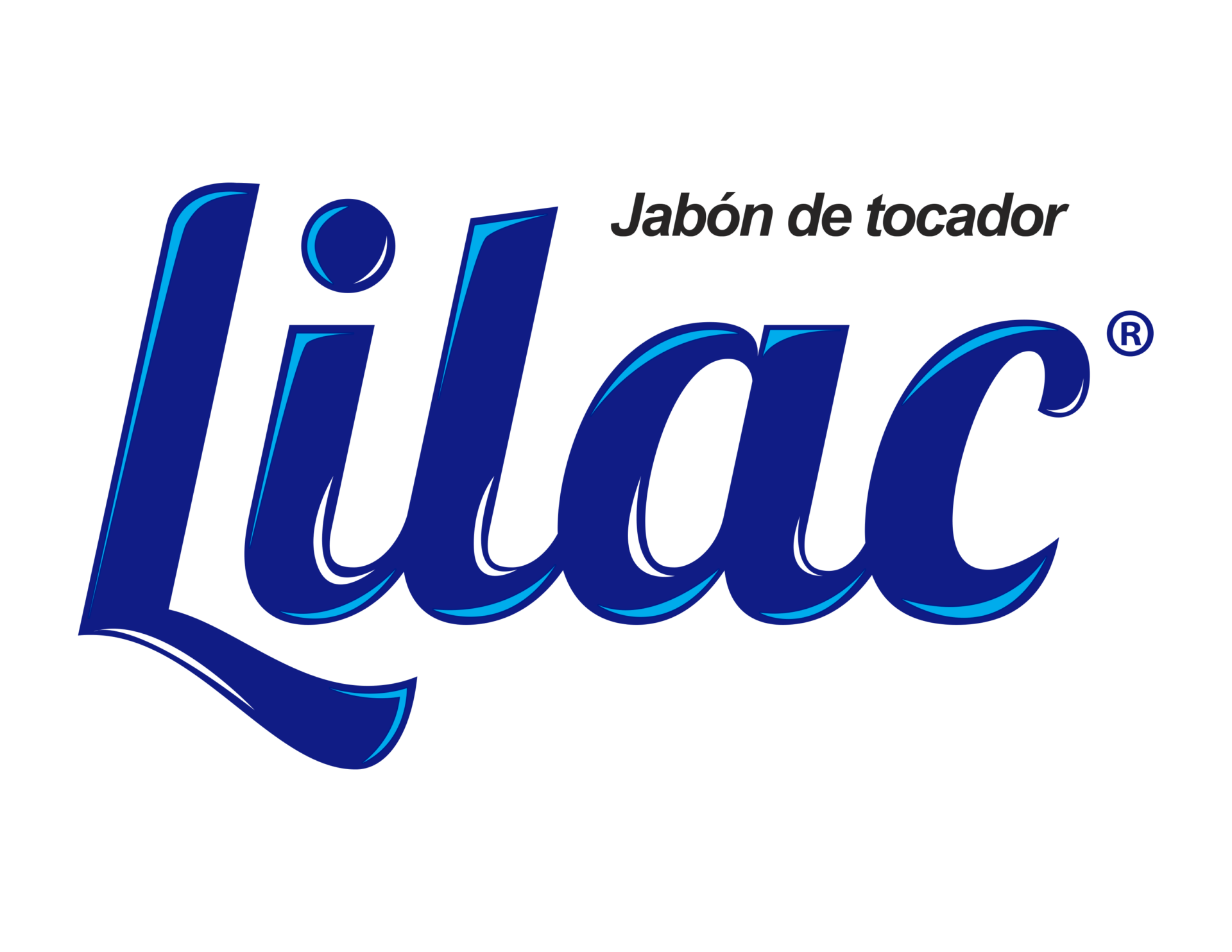 Logotipo con la palabra “Lilac” en fuente estilizada de color azul, y “Jabón de tocador” en fuente negra más pequeña encima.