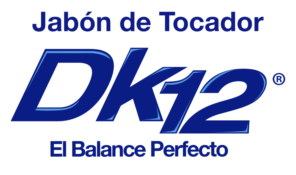 Logotipo en texto azul para "Jabón de Tocador DK12 El Balance Perfecto" sobre fondo blanco.