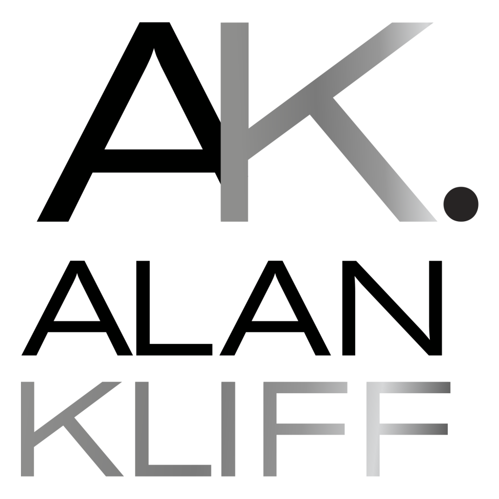 Logo with large initials "A.K." in gray gradient, a black dot, and the name "ALAN KLIFF" beneath in smaller font. The sleek design on a black background evokes sophistication, mirroring the refinement seen in high-end personal care brands.