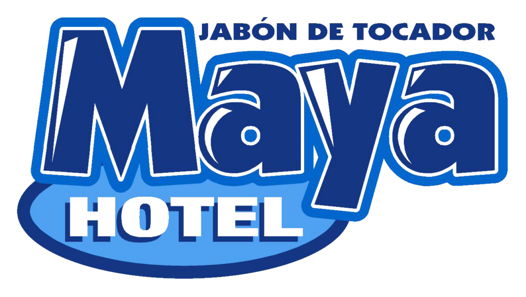 Logotipo que presenta el texto "Hotel Jabón de Tocador Maya" en letras azules en negrita con un acento de fondo azul más claro.
