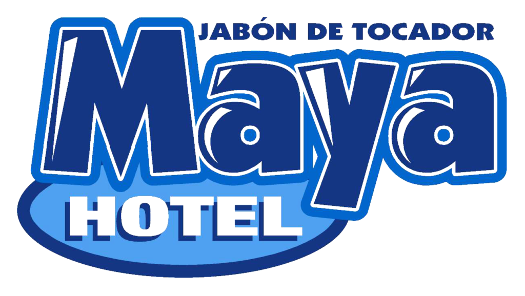 Logotipo que presenta el texto "Hotel Jabón de Tocador Maya" en letras azules en negrita con un acento de fondo azul más claro.