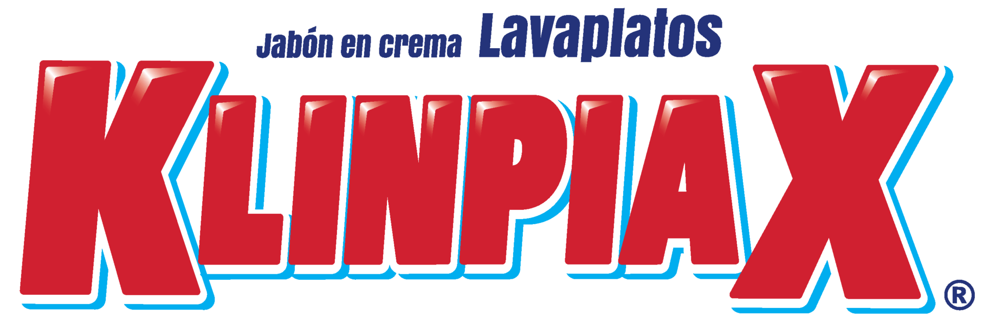 Logotipo del jabón lavavajillas "Klinpiax", con texto en negrita en rojo con un contorno azul y un texto más pequeño encima que dice "Jabón en crema Lavaplatos".