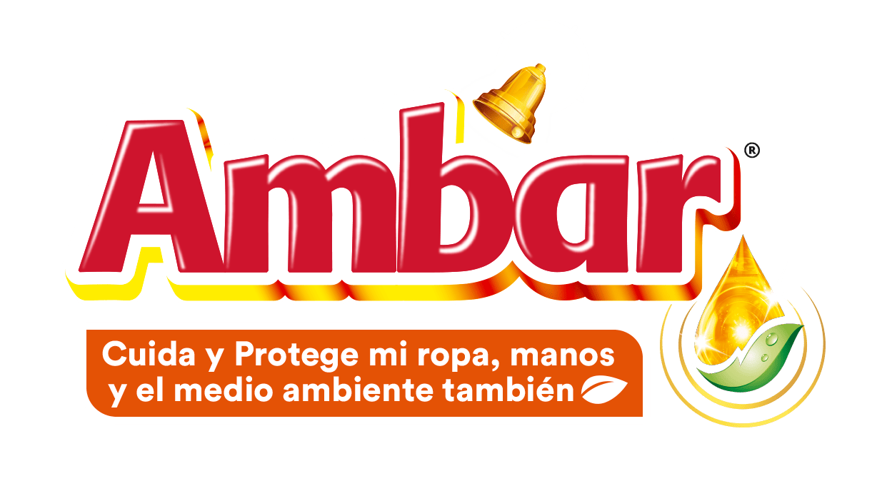 Logotipo de Ambar con texto rojo y detalles dorados. Incluye una gota de líquido amarillo y una hoja verde. Texto en español: "Cuida y Protege mi ropa, manos y el medio ambiente también.