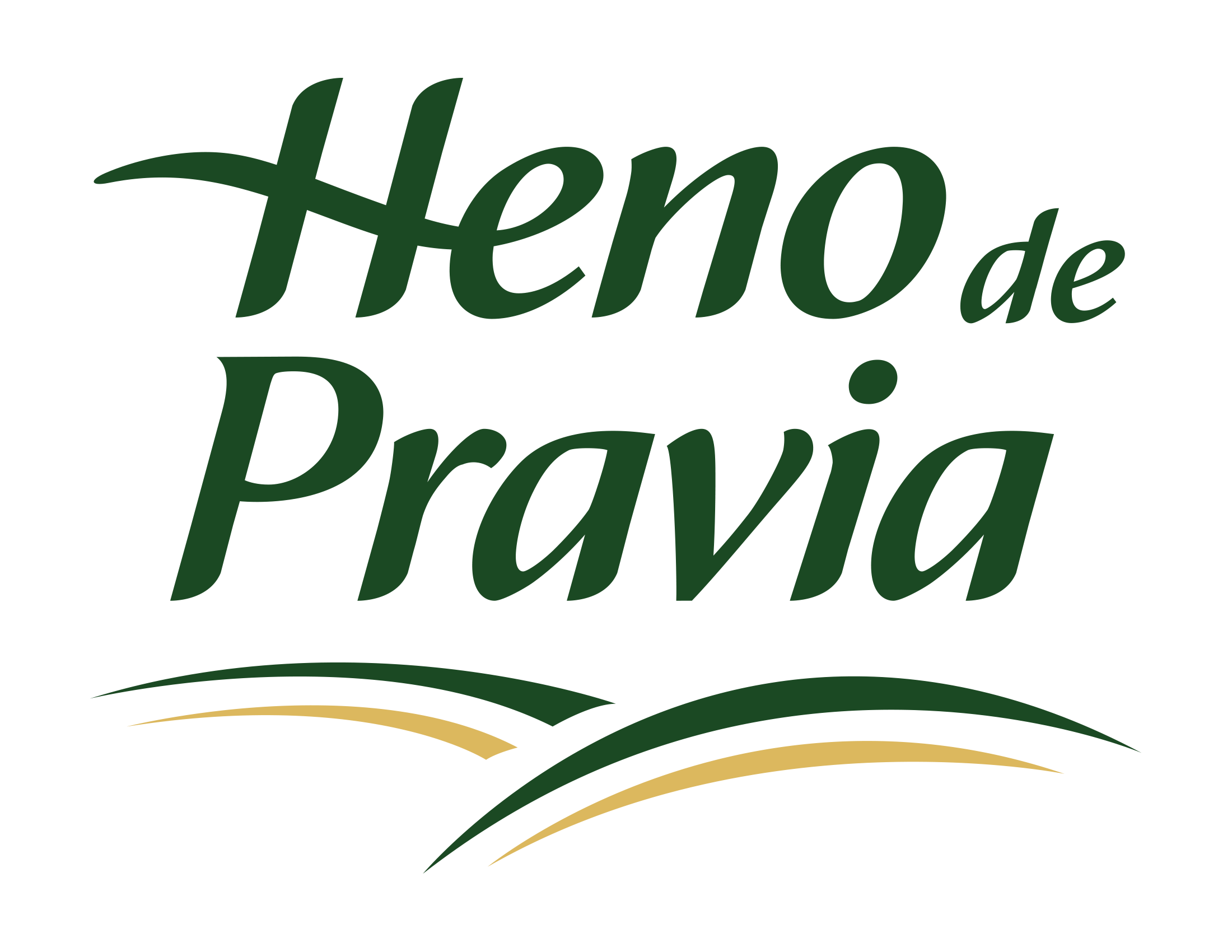 The green text logo, "Heno de Pravia," elegantly incorporates stylized lines that resemble hills at the base, subtly nodding to its roots in personal care products.