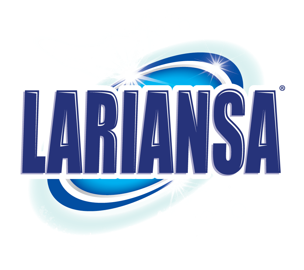 Logotipo con la palabra "Lariansa" en letras azules en negrita, rodeado de un diseño de swoosh y salpicaduras abstractas en blanco y azul.