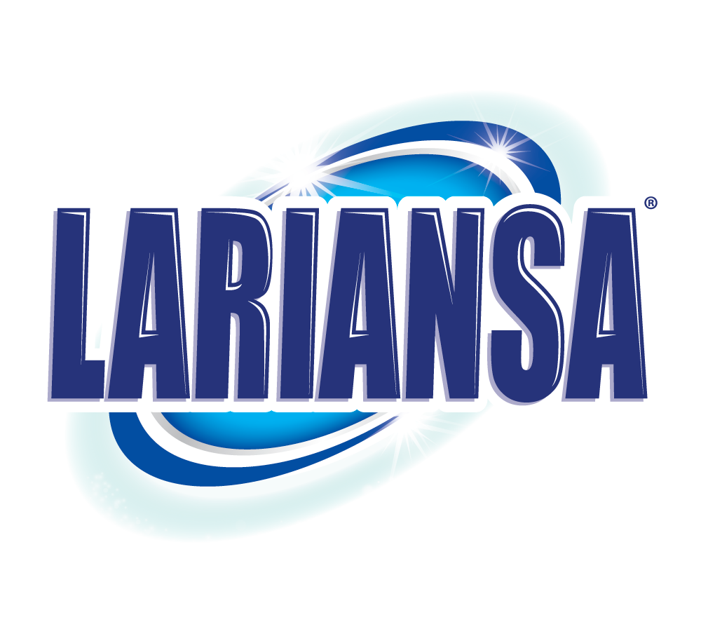 Logotipo con la palabra "Lariansa" en letras azules en negrita, rodeado de un diseño de swoosh y salpicaduras abstractas en blanco y azul.